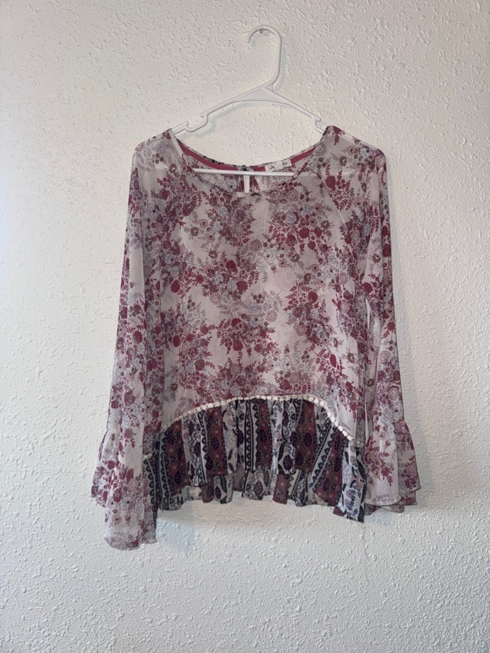 Sheer Floral Ruffle-Hem Blouse in Dusty Rose